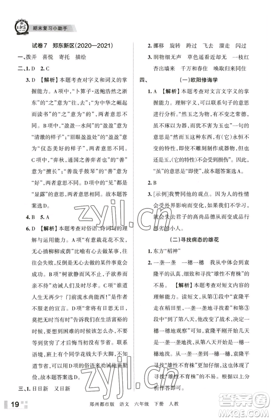 江西人民出版社2023王朝霞期末真題精編六年級下冊語文人教版鄭州專版參考答案
