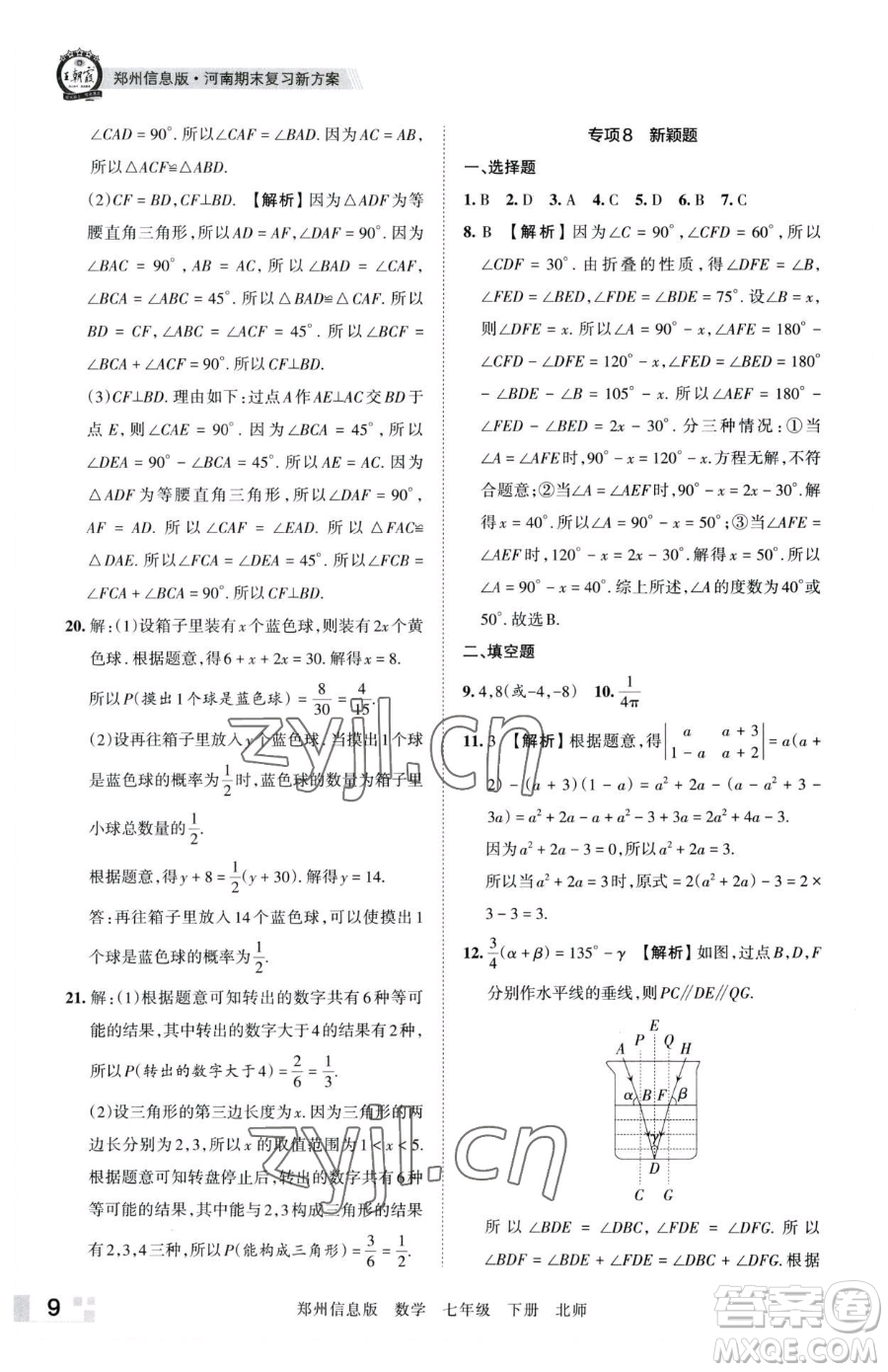 江西人民出版社2023王朝霞期末真題精編七年級(jí)下冊(cè)數(shù)學(xué)北師大版鄭州專(zhuān)版參考答案