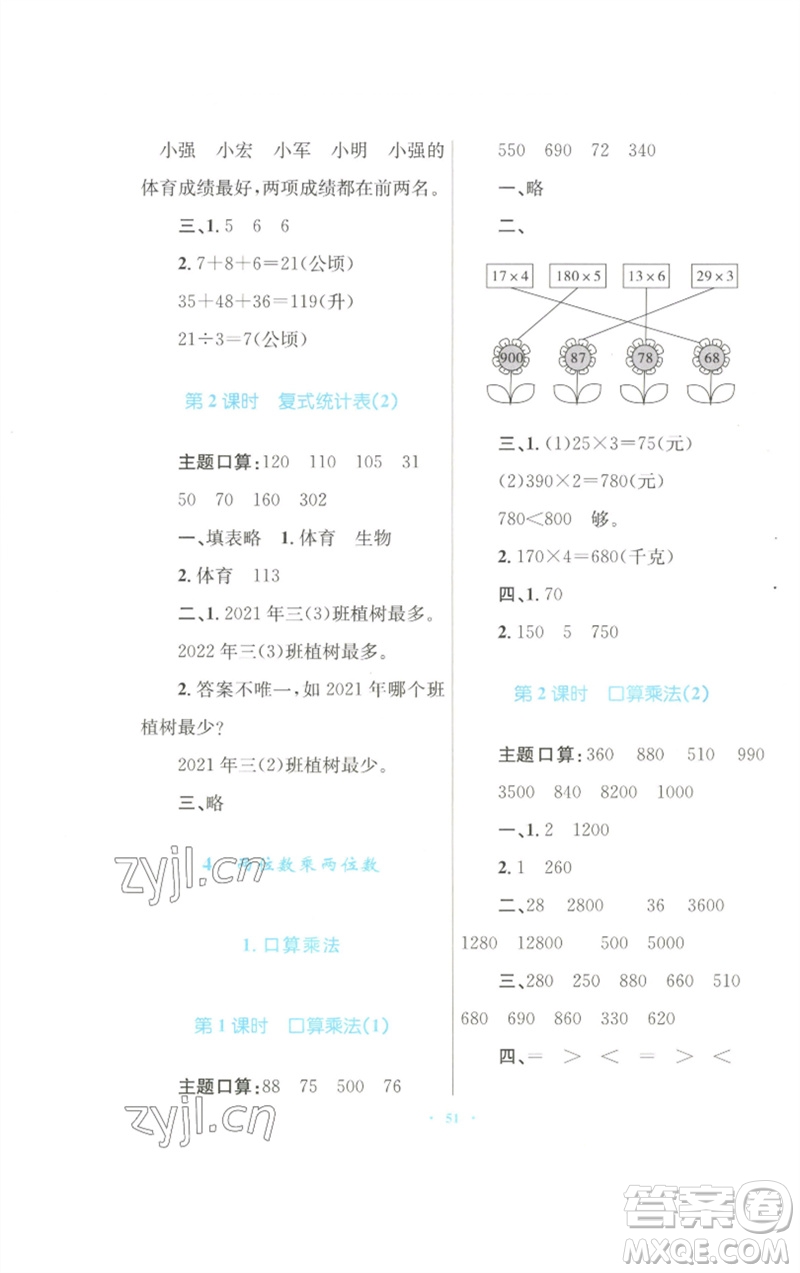 青海人民出版社2023快樂練練吧同步練習(xí)三年級數(shù)學(xué)下冊人教版青海專版參考答案