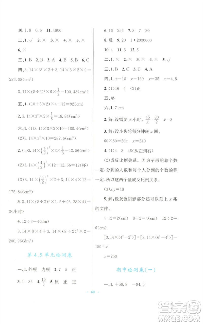 青海人民出版社2023快樂練練吧同步練習(xí)六年級數(shù)學(xué)下冊人教版青海專版參考答案