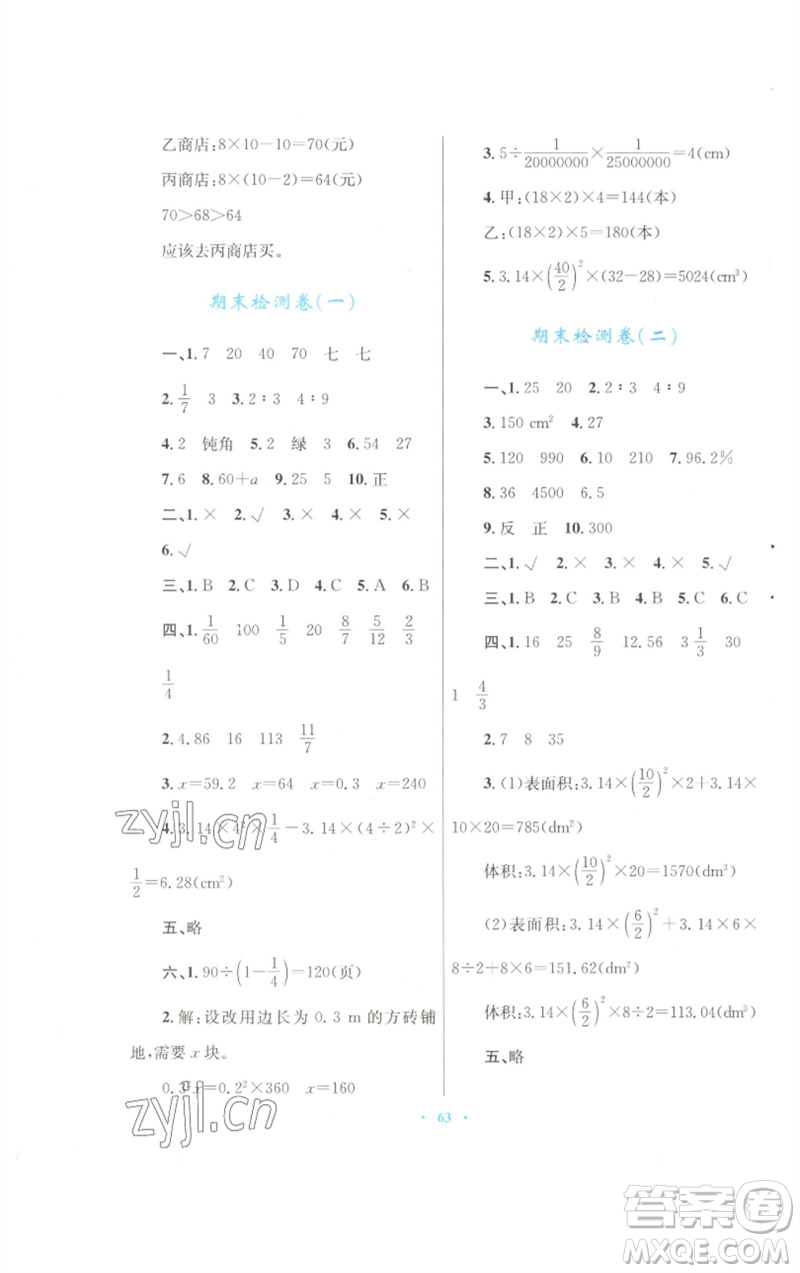 青海人民出版社2023快樂練練吧同步練習(xí)六年級數(shù)學(xué)下冊人教版青海專版參考答案