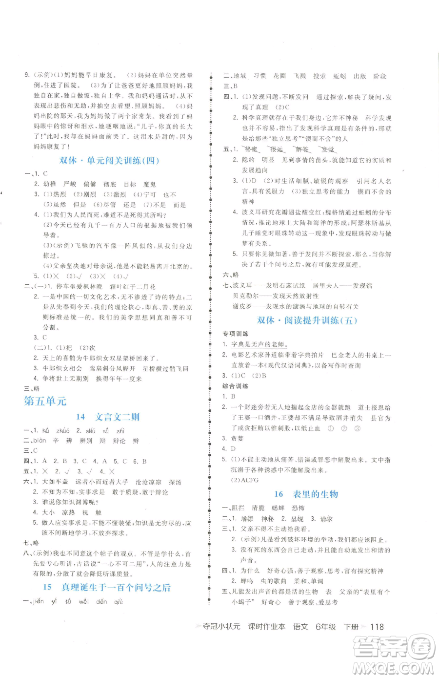 云南科技出版社2023智慧翔奪冠小狀元課時作業(yè)本六年級下冊語文人教版參考答案