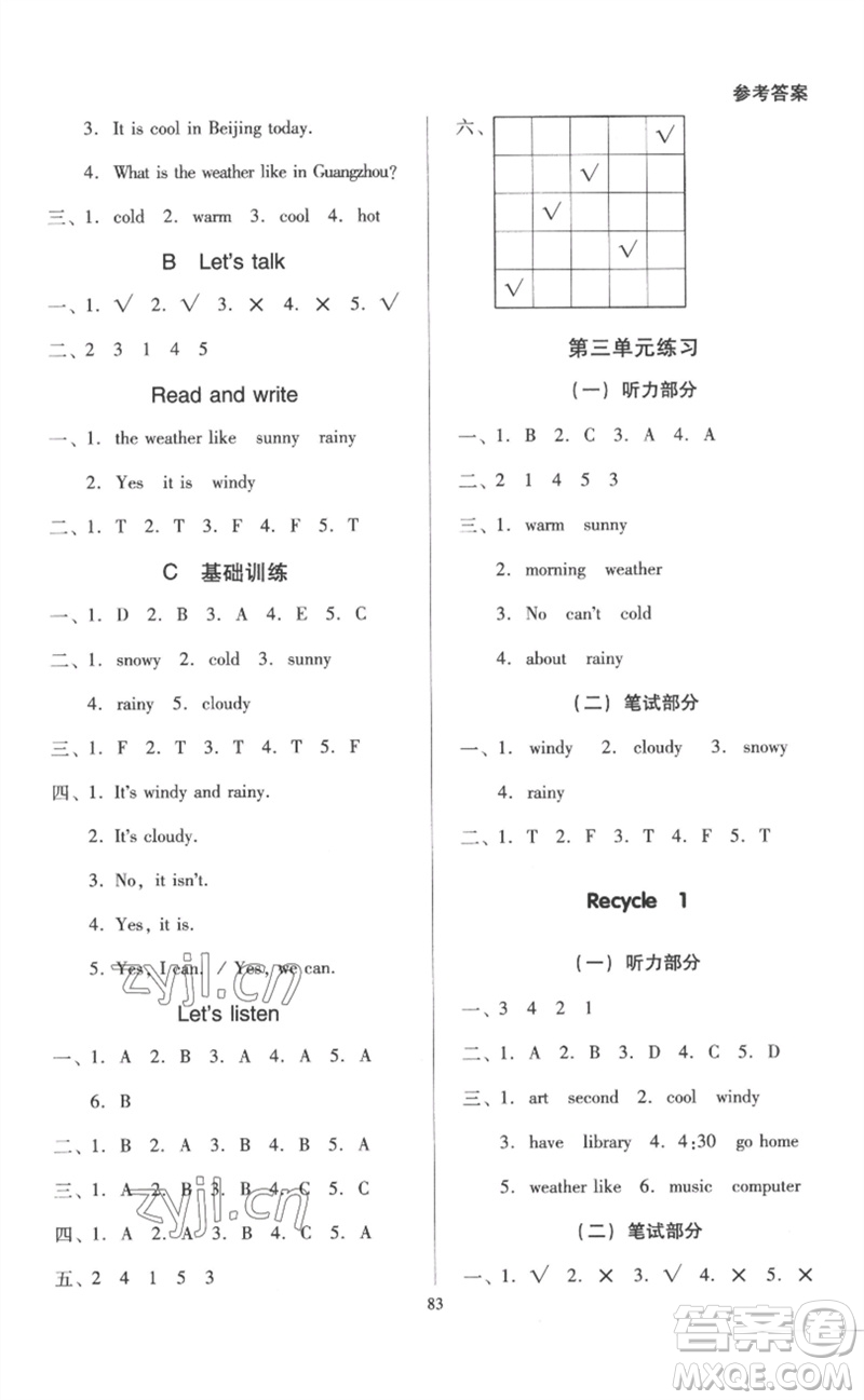 二十一世紀(jì)出版社集團(tuán)2023多A課堂課時(shí)廣東作業(yè)本四年級(jí)英語下冊(cè)人教PEP版參考答案