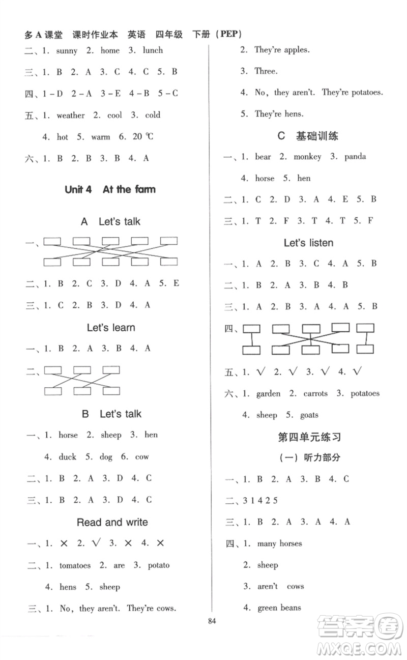 二十一世紀(jì)出版社集團(tuán)2023多A課堂課時(shí)廣東作業(yè)本四年級(jí)英語下冊(cè)人教PEP版參考答案