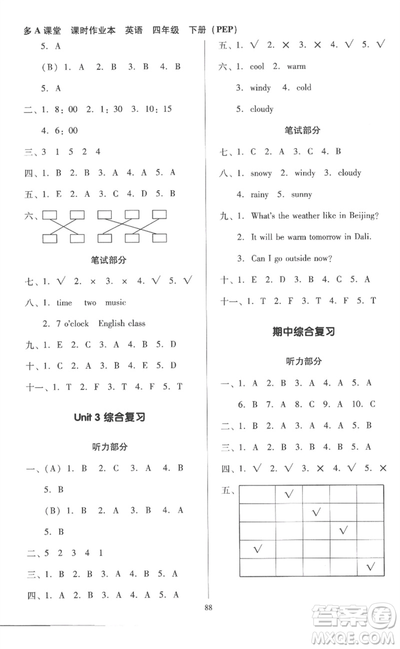 二十一世紀(jì)出版社集團(tuán)2023多A課堂課時(shí)廣東作業(yè)本四年級(jí)英語下冊(cè)人教PEP版參考答案