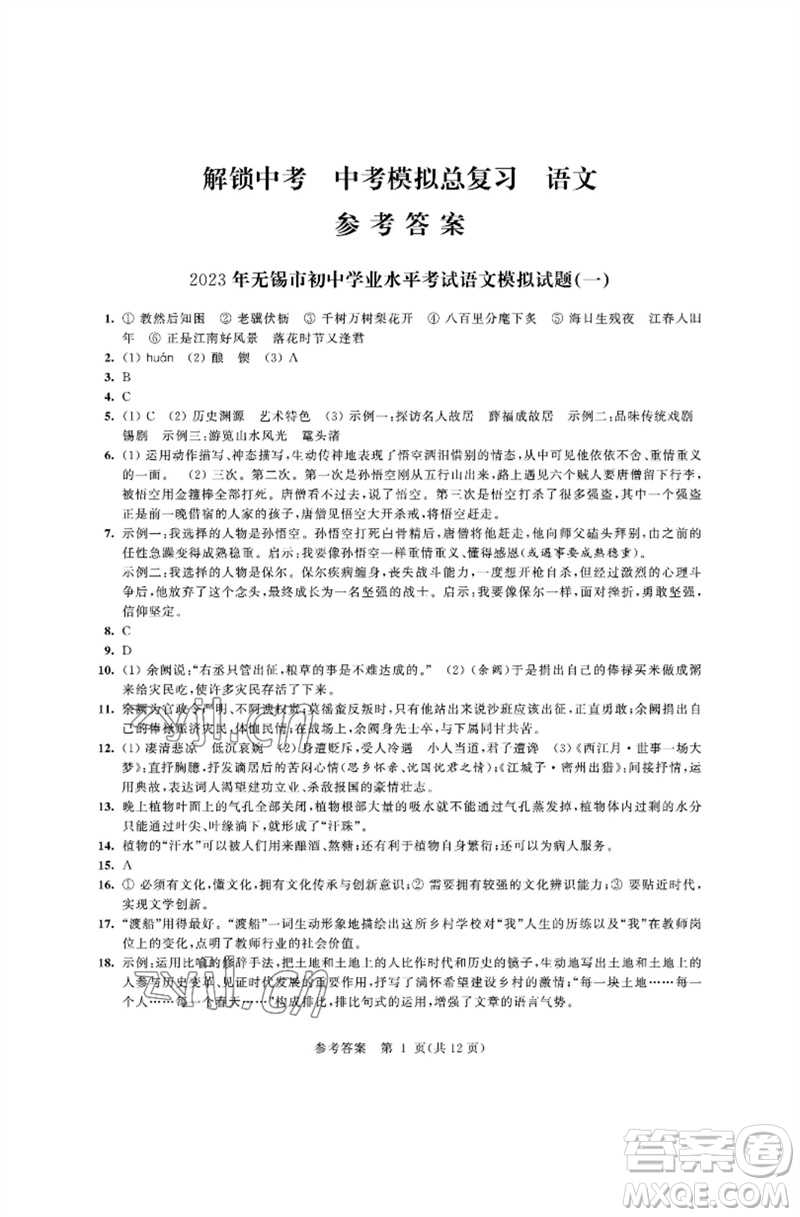 江蘇鳳凰科學技術出版社2023多維互動提優(yōu)課堂中考模擬總復習九年級語文人教版參考答案