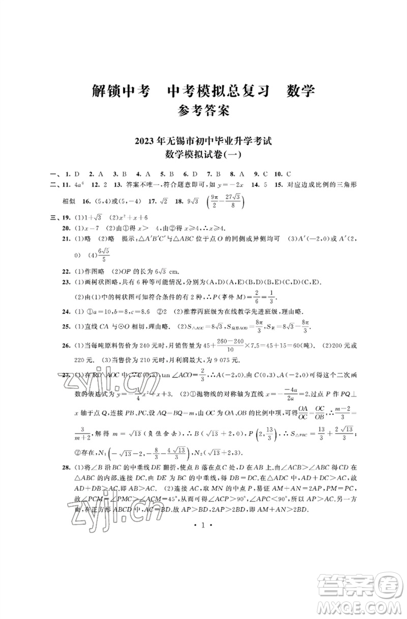 江蘇鳳凰科學技術出版社2023多維互動提優(yōu)課堂中考模擬總復習九年級數(shù)學通用版參考答案