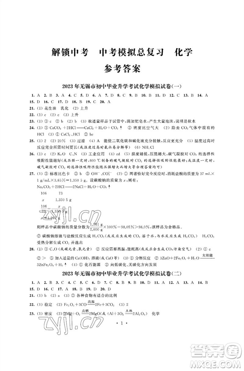 江蘇鳳凰科學(xué)技術(shù)出版社2023多維互動(dòng)提優(yōu)課堂中考模擬總復(fù)習(xí)九年級化學(xué)人教版參考答案