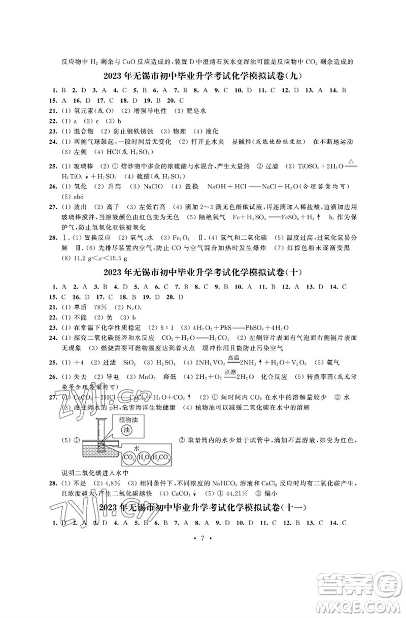 江蘇鳳凰科學(xué)技術(shù)出版社2023多維互動(dòng)提優(yōu)課堂中考模擬總復(fù)習(xí)九年級化學(xué)人教版參考答案