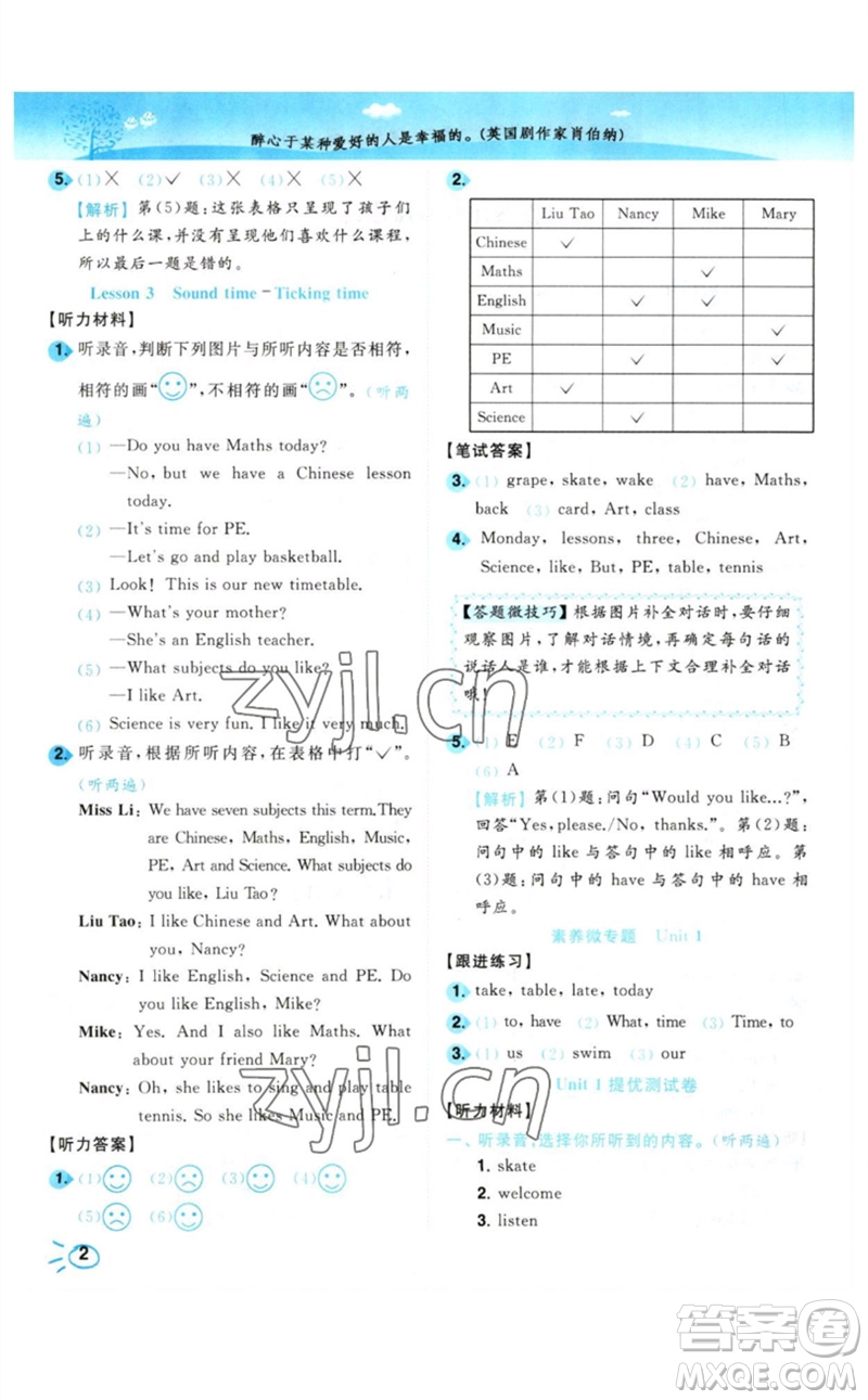 東南大學(xué)出版社2023小題狂做培優(yōu)作業(yè)本四年級(jí)英語下冊(cè)譯林版參考答案