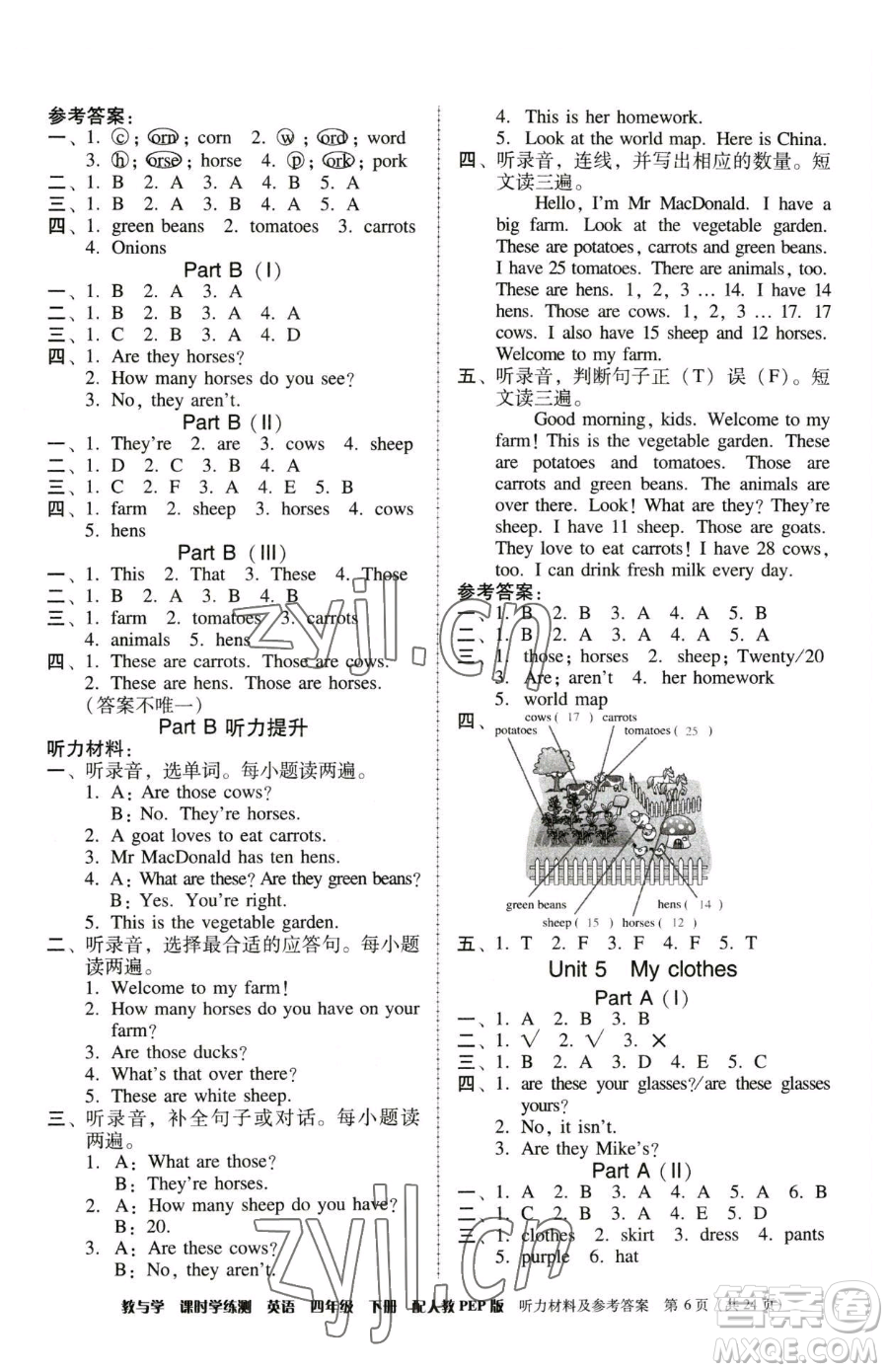 安徽人民出版社2023教與學(xué)課時(shí)學(xué)練測四年級下冊英語人教版參考答案
