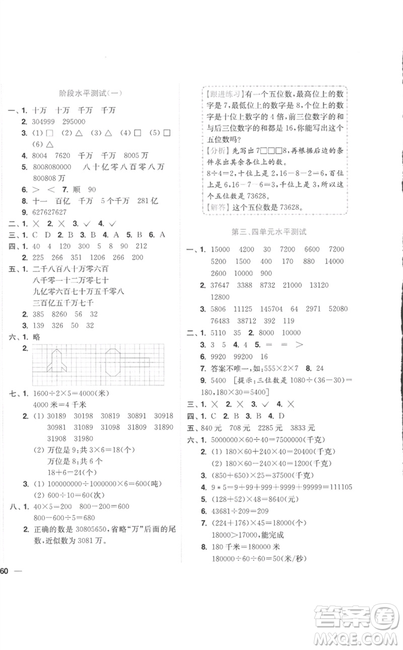 東南大學(xué)出版社2023小題狂做全程測評卷四年級數(shù)學(xué)下冊蘇教版參考答案