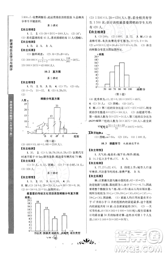 南京師范大學(xué)出版社2023新課程自主學(xué)習(xí)與測評七年級下冊數(shù)學(xué)人教版參考答案