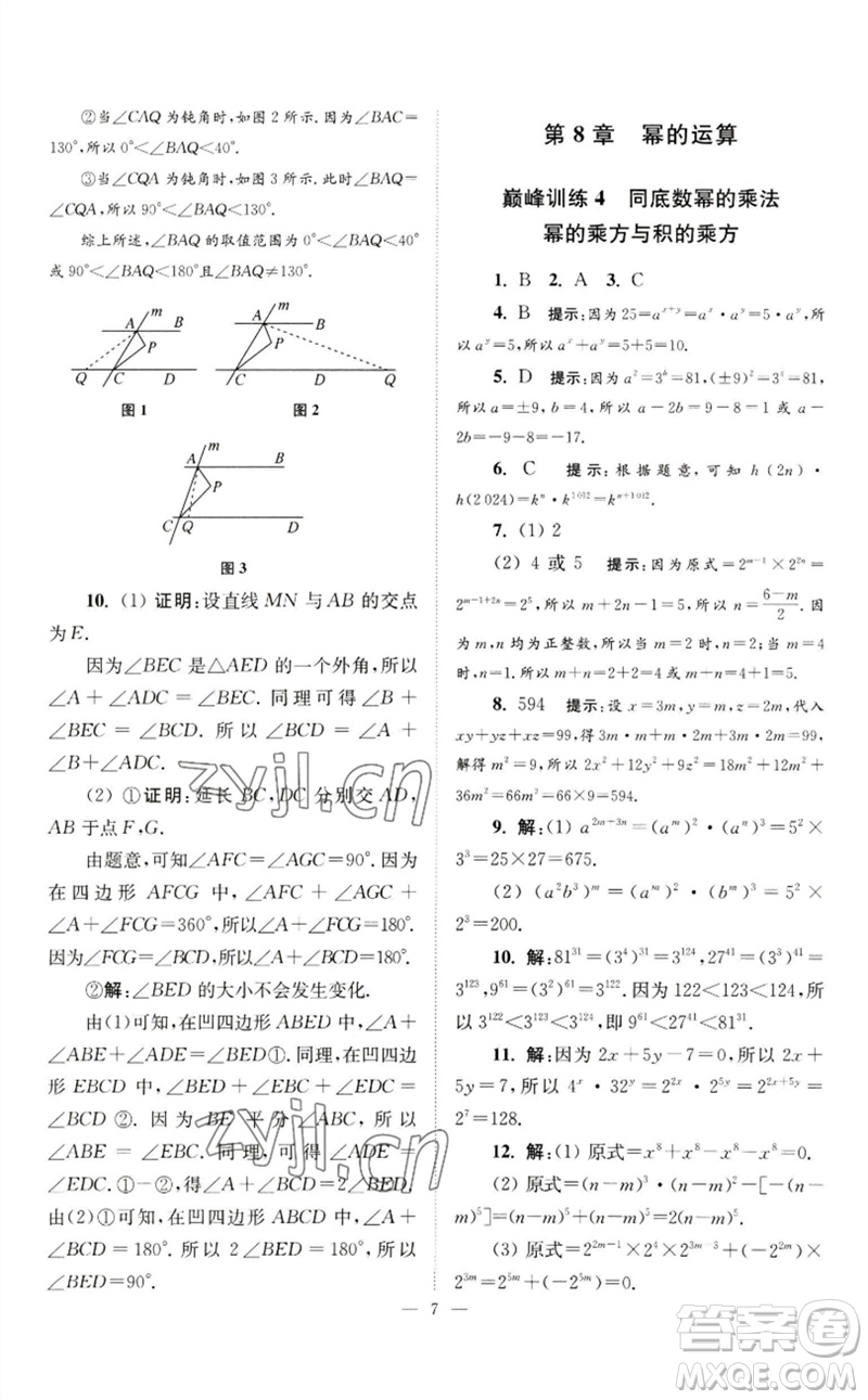 江蘇鳳凰科學(xué)技術(shù)出版社2023初中數(shù)學(xué)小題狂做七年級下冊蘇科版巔峰版參考答案