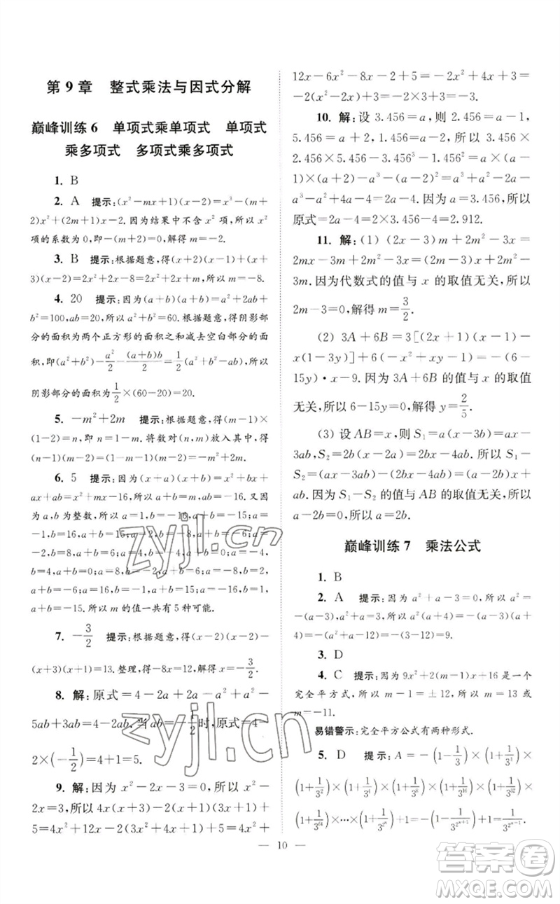 江蘇鳳凰科學(xué)技術(shù)出版社2023初中數(shù)學(xué)小題狂做七年級下冊蘇科版巔峰版參考答案