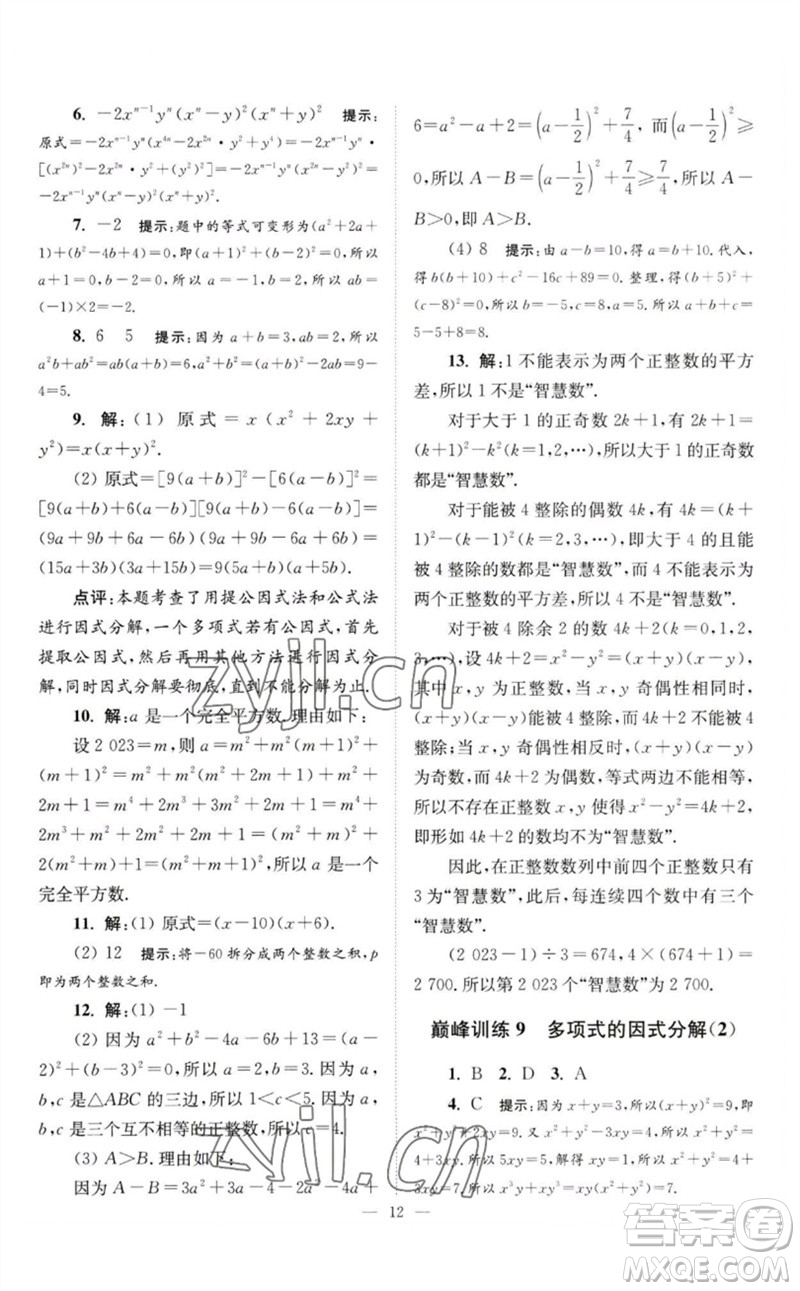 江蘇鳳凰科學(xué)技術(shù)出版社2023初中數(shù)學(xué)小題狂做七年級下冊蘇科版巔峰版參考答案