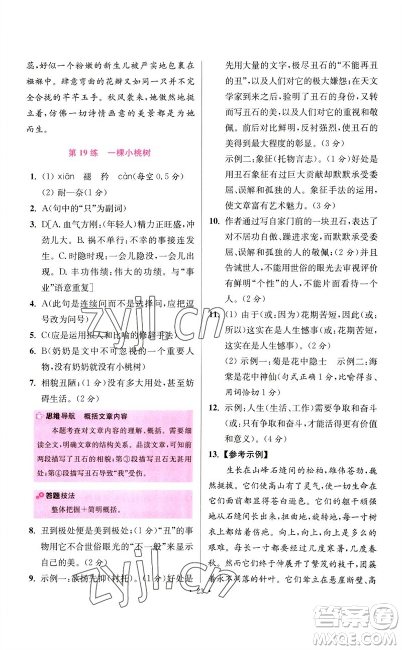 江蘇鳳凰科學(xué)技術(shù)出版社2023初中語文小題狂做七年級下冊人教版提優(yōu)版參考答案