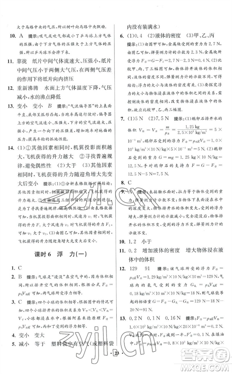 江蘇鳳凰科學(xué)技術(shù)出版社2023初中物理小題狂做八年級(jí)下冊(cè)蘇科版提優(yōu)版參考答案