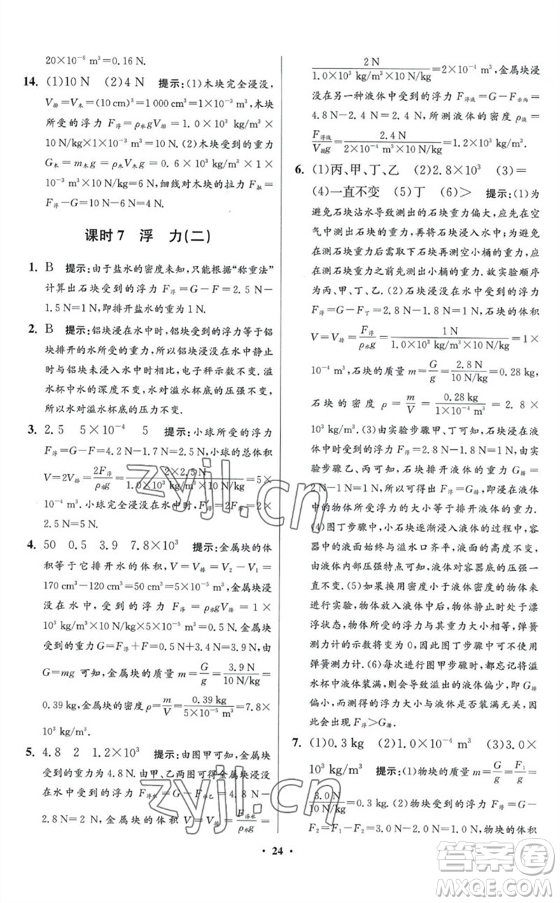 江蘇鳳凰科學(xué)技術(shù)出版社2023初中物理小題狂做八年級(jí)下冊(cè)蘇科版提優(yōu)版參考答案
