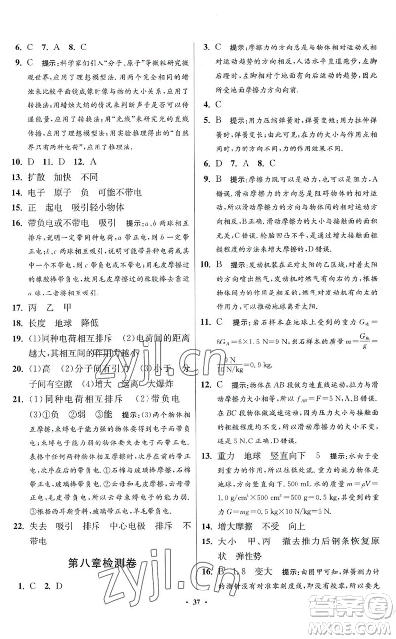 江蘇鳳凰科學(xué)技術(shù)出版社2023初中物理小題狂做八年級(jí)下冊(cè)蘇科版提優(yōu)版參考答案