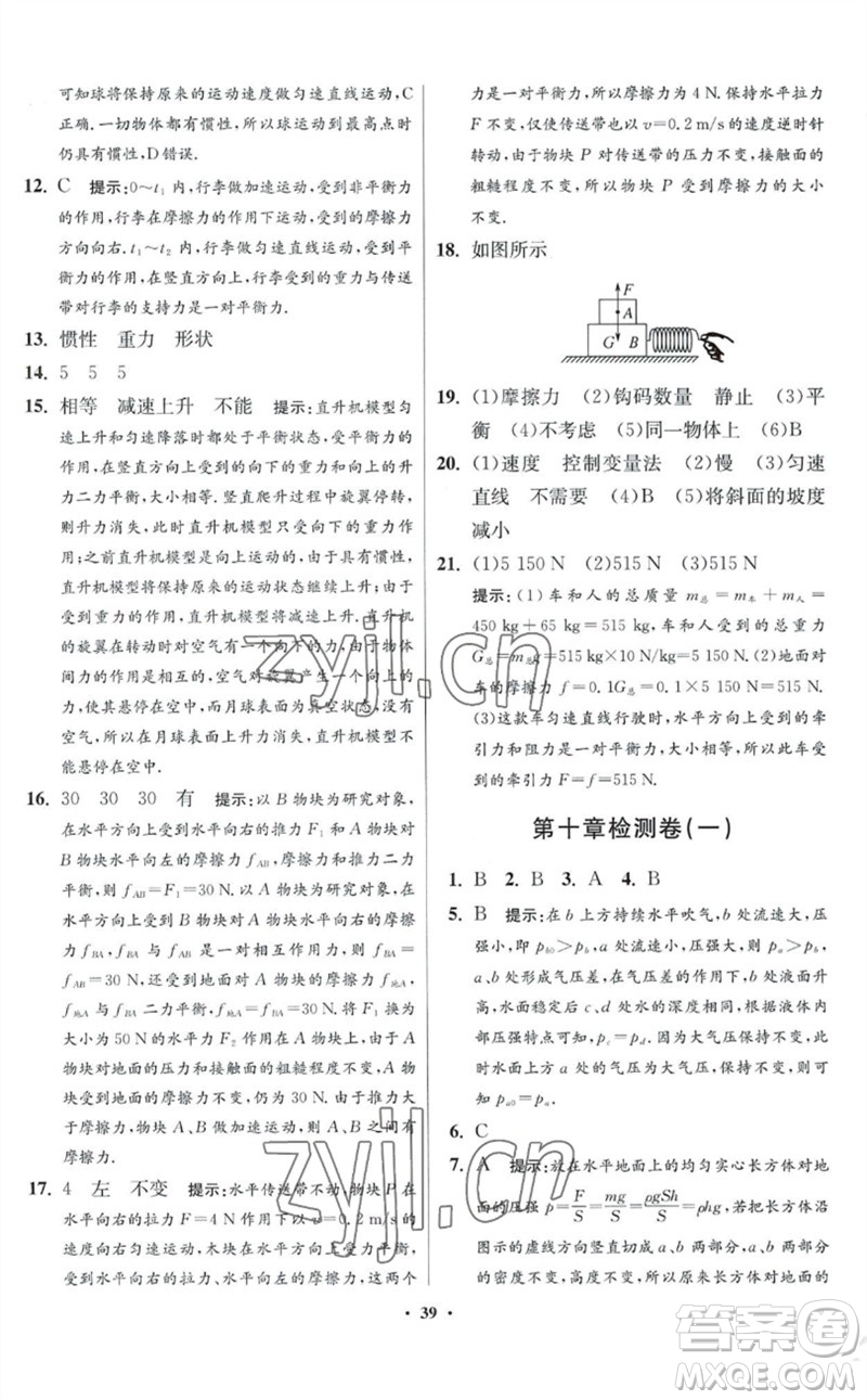 江蘇鳳凰科學(xué)技術(shù)出版社2023初中物理小題狂做八年級(jí)下冊(cè)蘇科版提優(yōu)版參考答案