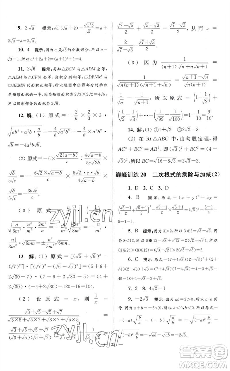 江蘇鳳凰科學(xué)技術(shù)出版社2023初中數(shù)學(xué)小題狂做八年級下冊蘇科版巔峰版參考答案