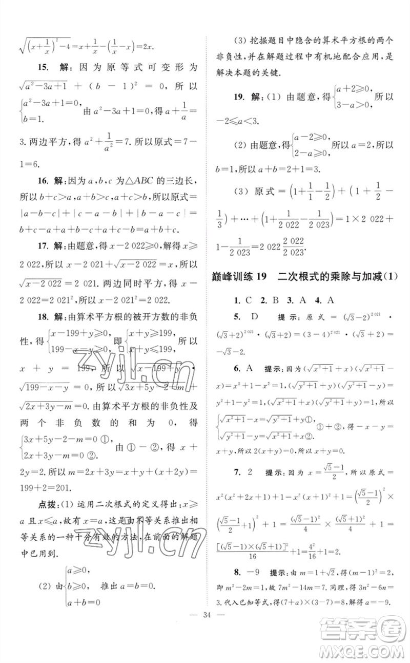 江蘇鳳凰科學(xué)技術(shù)出版社2023初中數(shù)學(xué)小題狂做八年級下冊蘇科版巔峰版參考答案