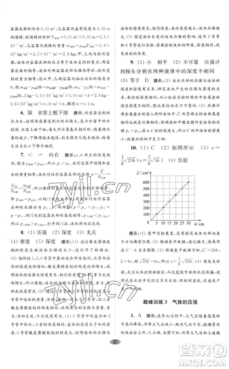 江蘇鳳凰科學(xué)技術(shù)出版社2023初中物理小題狂做八年級(jí)下冊(cè)蘇科版巔峰版參考答案