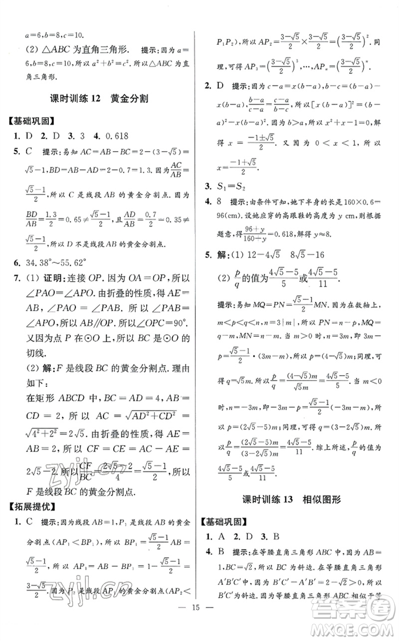 江蘇鳳凰科學技術出版社2023初中數(shù)學小題狂做九年級下冊蘇科版提優(yōu)版參考答案