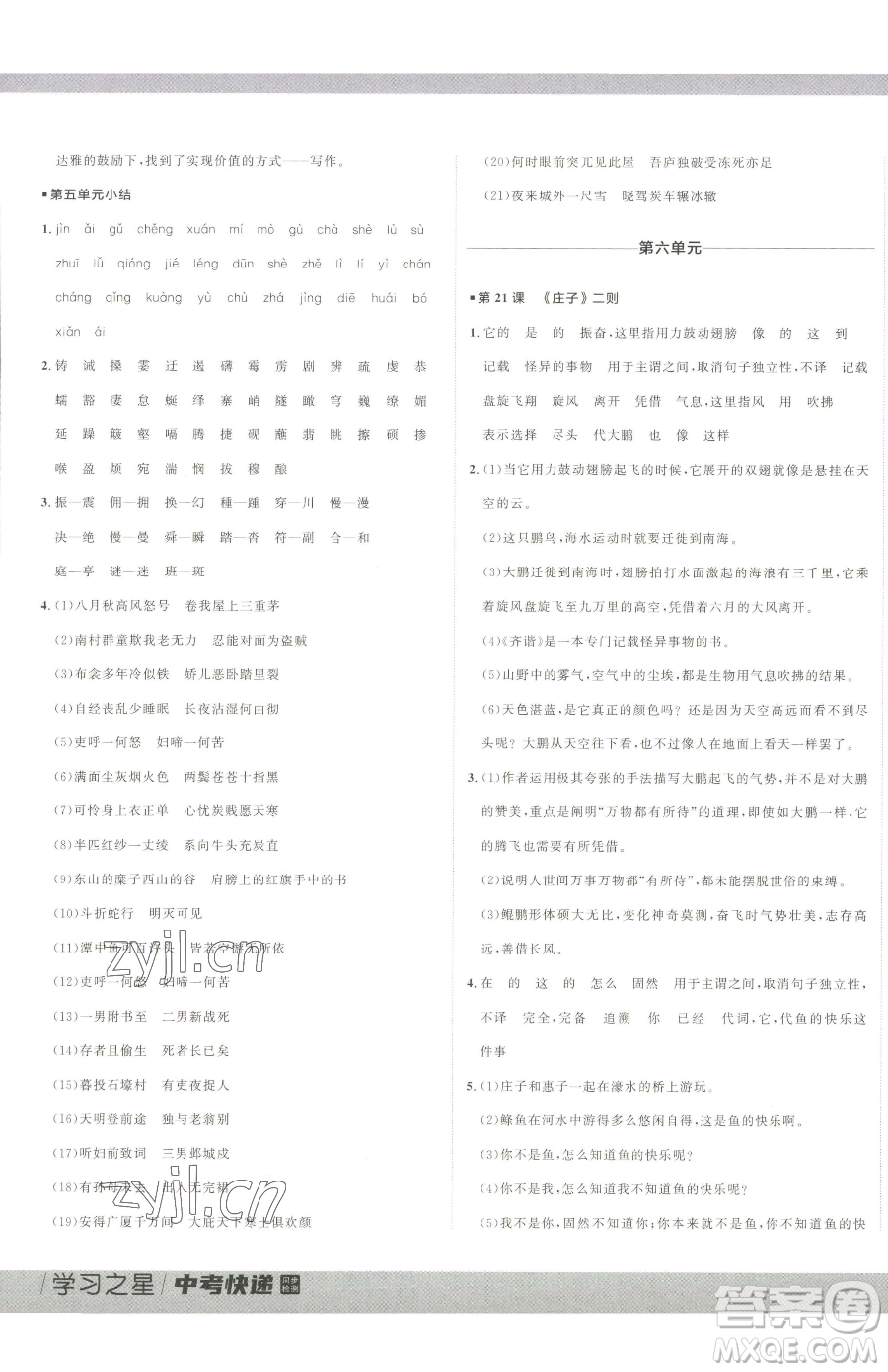 延邊大學(xué)出版社2023中考快遞同步檢測(cè)八年級(jí)下冊(cè)語(yǔ)文人教版大連專(zhuān)版參考答案
