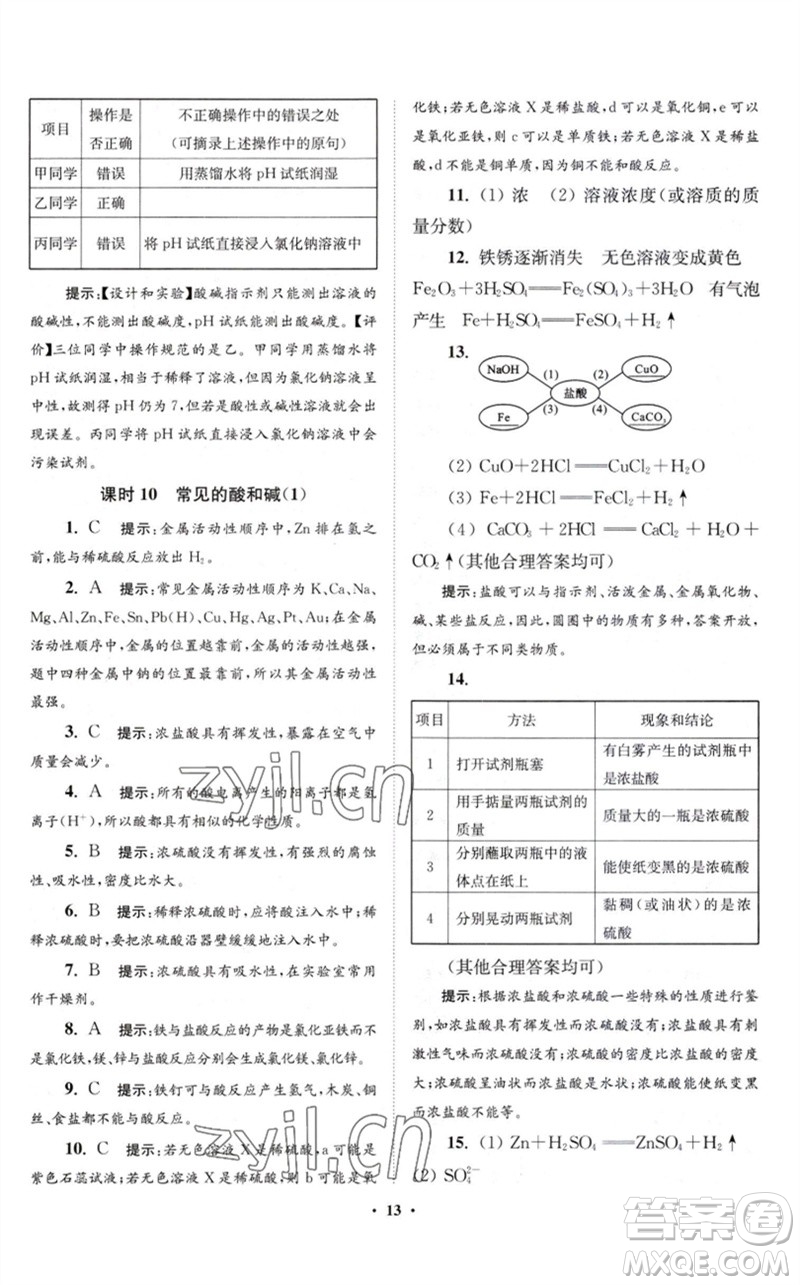 江蘇鳳凰科學(xué)技術(shù)出版社2023初中化學(xué)小題狂做九年級(jí)下冊(cè)滬教版提優(yōu)版參考答案