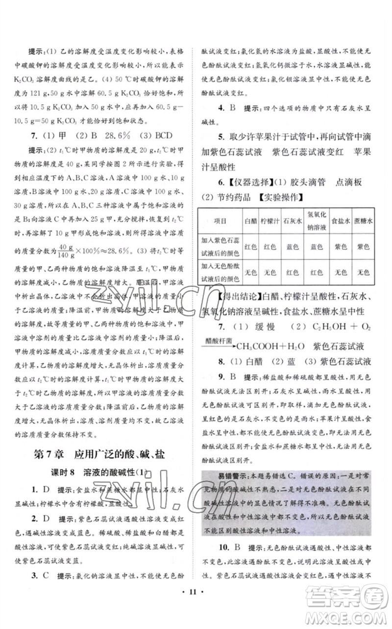 江蘇鳳凰科學(xué)技術(shù)出版社2023初中化學(xué)小題狂做九年級(jí)下冊(cè)滬教版提優(yōu)版參考答案