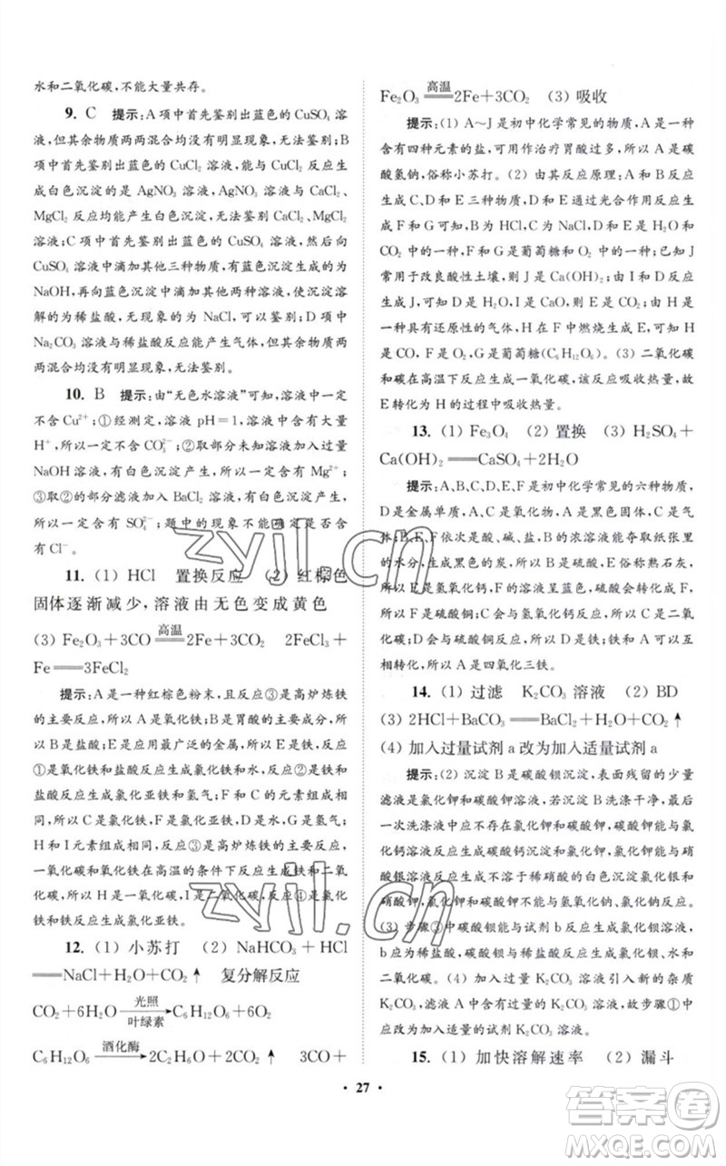 江蘇鳳凰科學(xué)技術(shù)出版社2023初中化學(xué)小題狂做九年級(jí)下冊(cè)滬教版提優(yōu)版參考答案