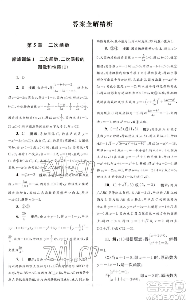 江蘇鳳凰科學(xué)技術(shù)出版社2023初中數(shù)學(xué)小題狂做九年級下冊蘇科版巔峰版參考答案