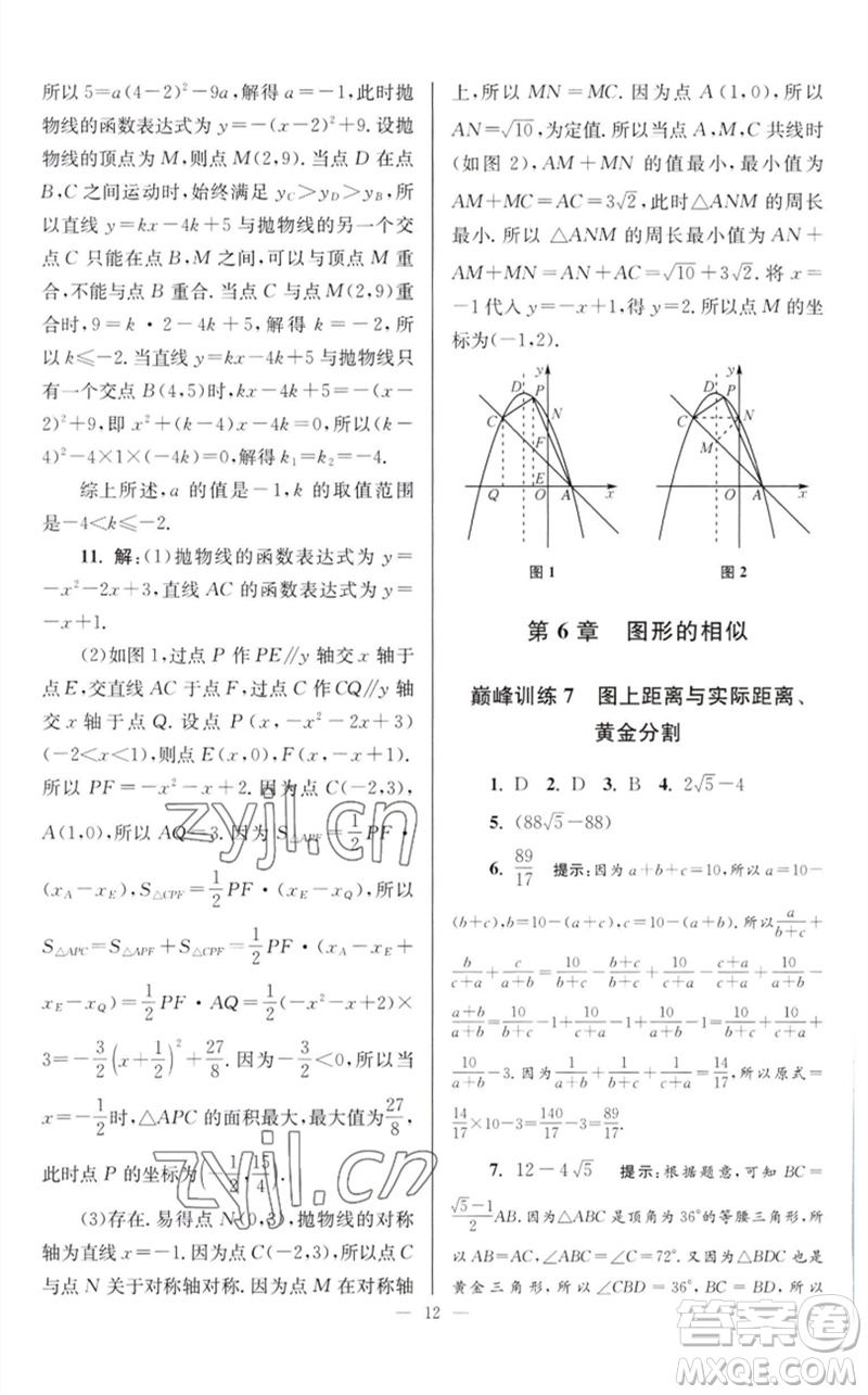 江蘇鳳凰科學(xué)技術(shù)出版社2023初中數(shù)學(xué)小題狂做九年級下冊蘇科版巔峰版參考答案
