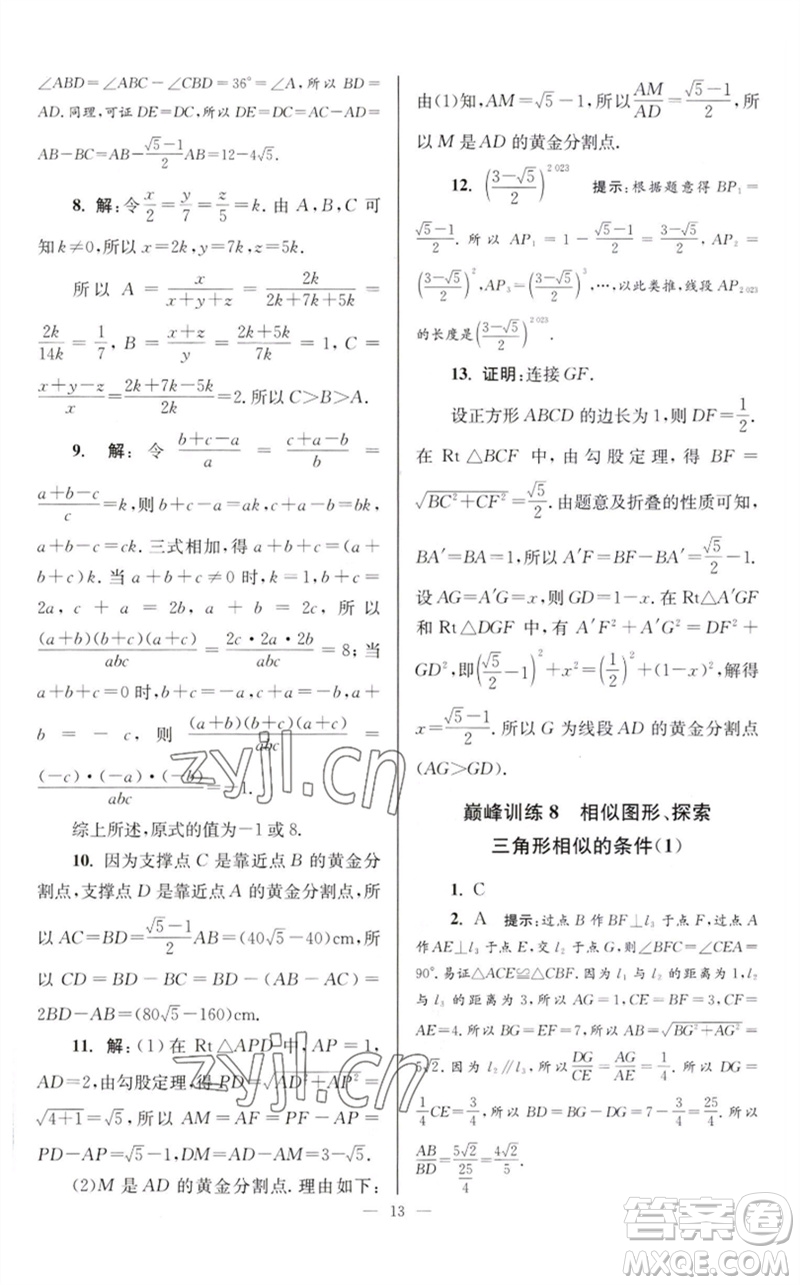 江蘇鳳凰科學(xué)技術(shù)出版社2023初中數(shù)學(xué)小題狂做九年級下冊蘇科版巔峰版參考答案