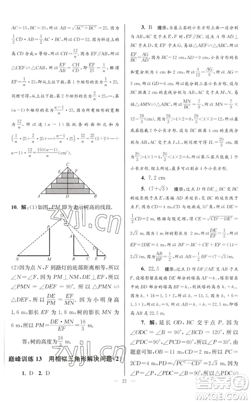 江蘇鳳凰科學(xué)技術(shù)出版社2023初中數(shù)學(xué)小題狂做九年級下冊蘇科版巔峰版參考答案