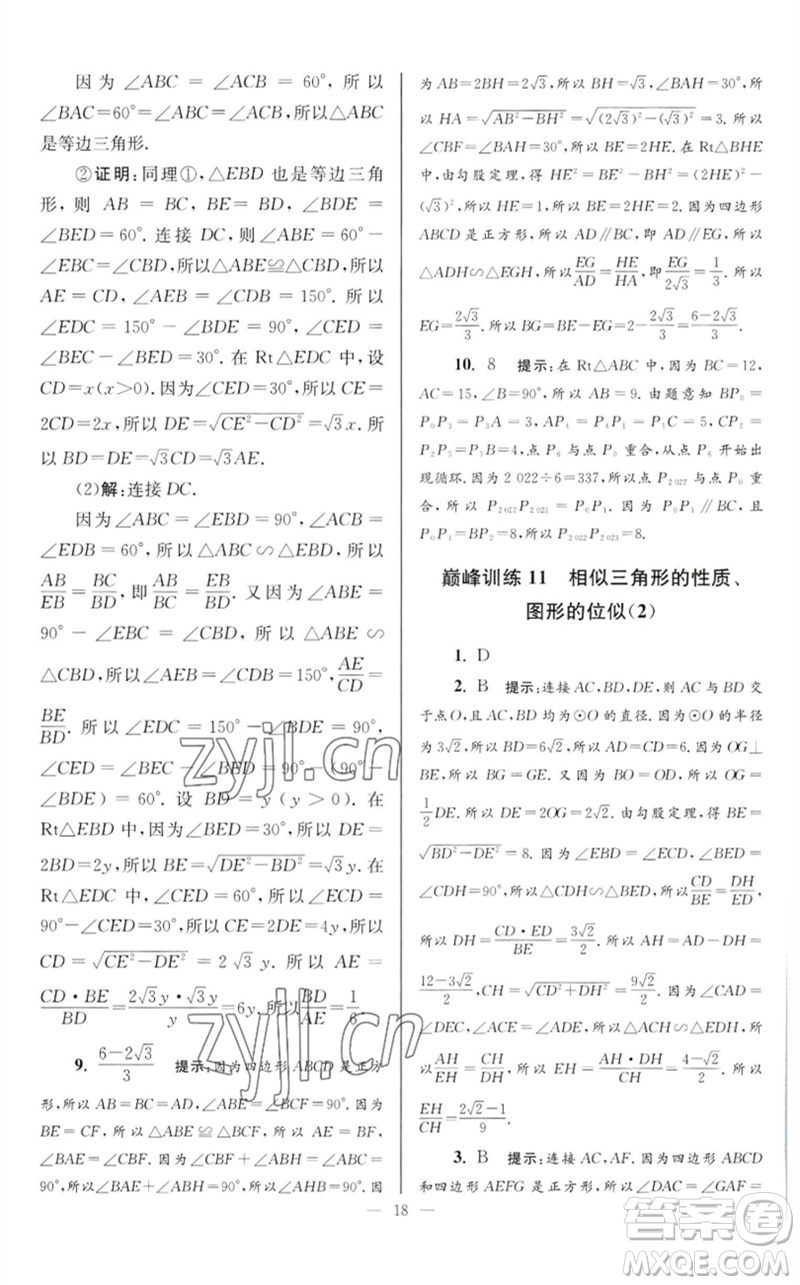江蘇鳳凰科學(xué)技術(shù)出版社2023初中數(shù)學(xué)小題狂做九年級下冊蘇科版巔峰版參考答案