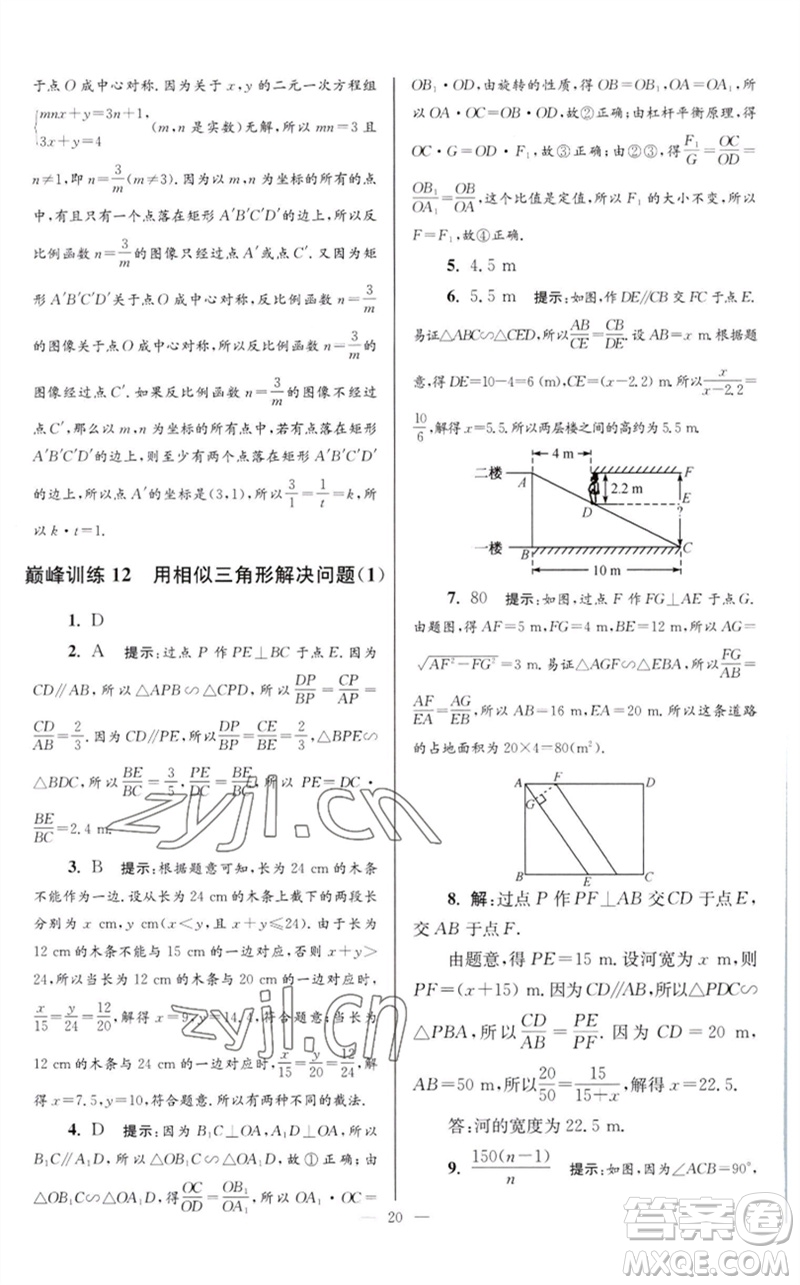 江蘇鳳凰科學(xué)技術(shù)出版社2023初中數(shù)學(xué)小題狂做九年級下冊蘇科版巔峰版參考答案