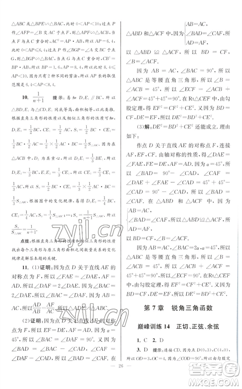 江蘇鳳凰科學(xué)技術(shù)出版社2023初中數(shù)學(xué)小題狂做九年級下冊蘇科版巔峰版參考答案
