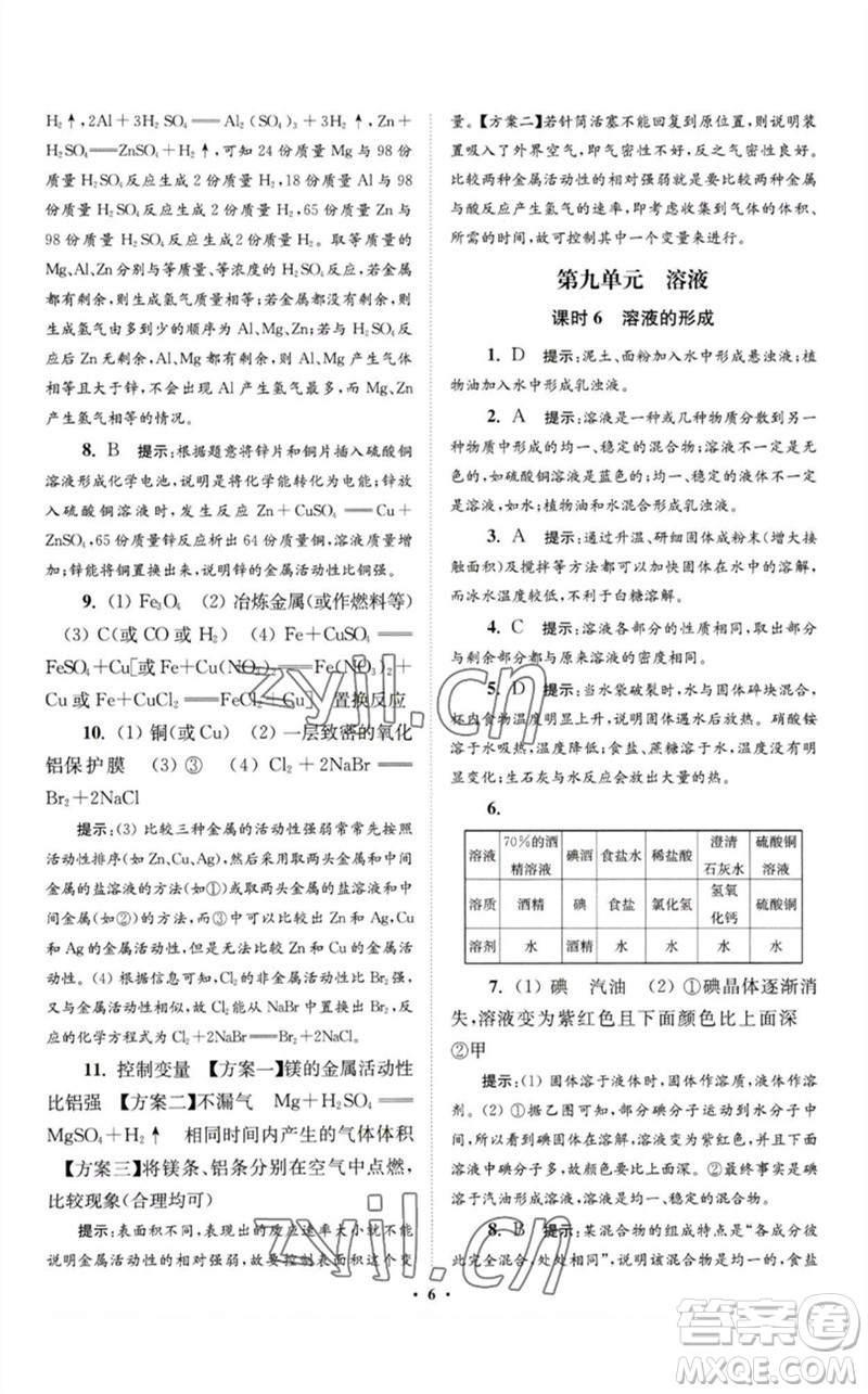 江蘇鳳凰科學(xué)技術(shù)出版社2023初中化學(xué)小題狂做九年級(jí)下冊(cè)人教版提優(yōu)版參考答案