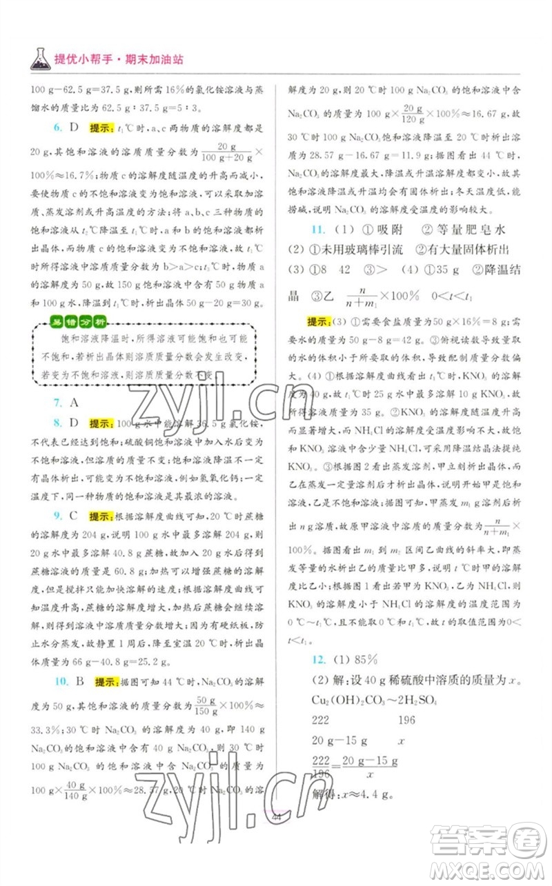 江蘇鳳凰科學(xué)技術(shù)出版社2023初中化學(xué)小題狂做九年級(jí)下冊(cè)人教版提優(yōu)版參考答案