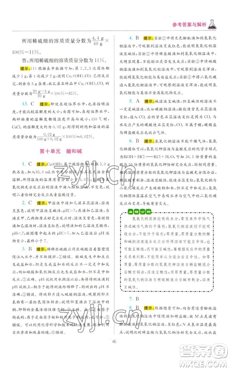 江蘇鳳凰科學(xué)技術(shù)出版社2023初中化學(xué)小題狂做九年級(jí)下冊(cè)人教版提優(yōu)版參考答案