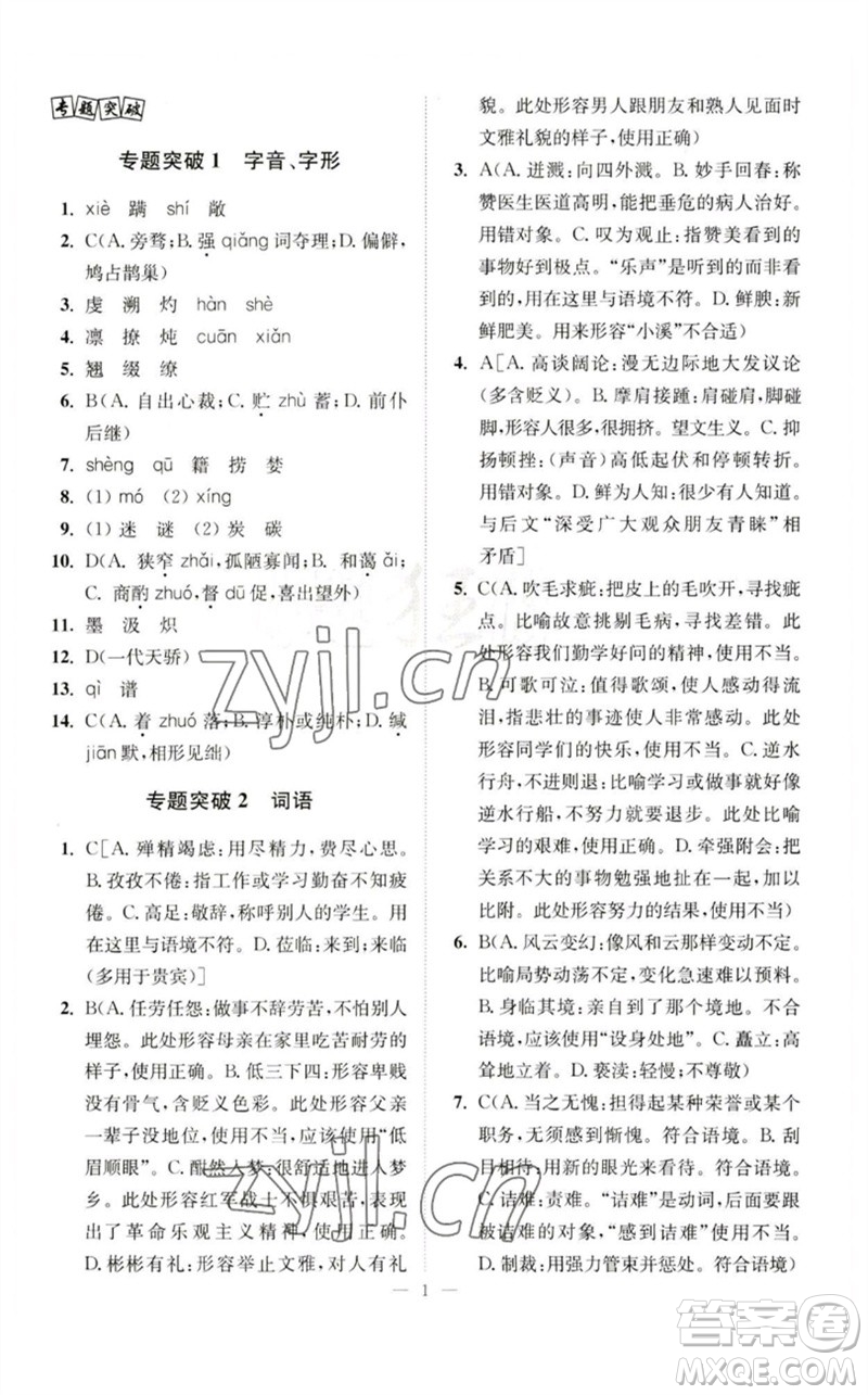 江蘇鳳凰科學(xué)技術(shù)出版社2023中考語(yǔ)文小題狂做九年級(jí)人教版提優(yōu)版參考答案