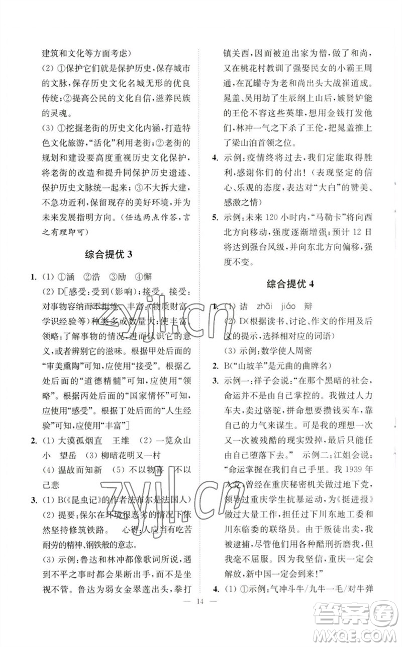 江蘇鳳凰科學(xué)技術(shù)出版社2023中考語(yǔ)文小題狂做九年級(jí)人教版提優(yōu)版參考答案