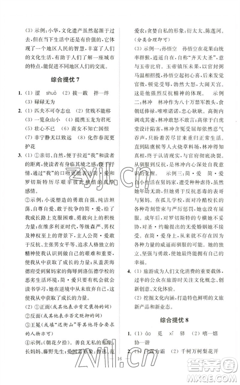 江蘇鳳凰科學(xué)技術(shù)出版社2023中考語(yǔ)文小題狂做九年級(jí)人教版提優(yōu)版參考答案