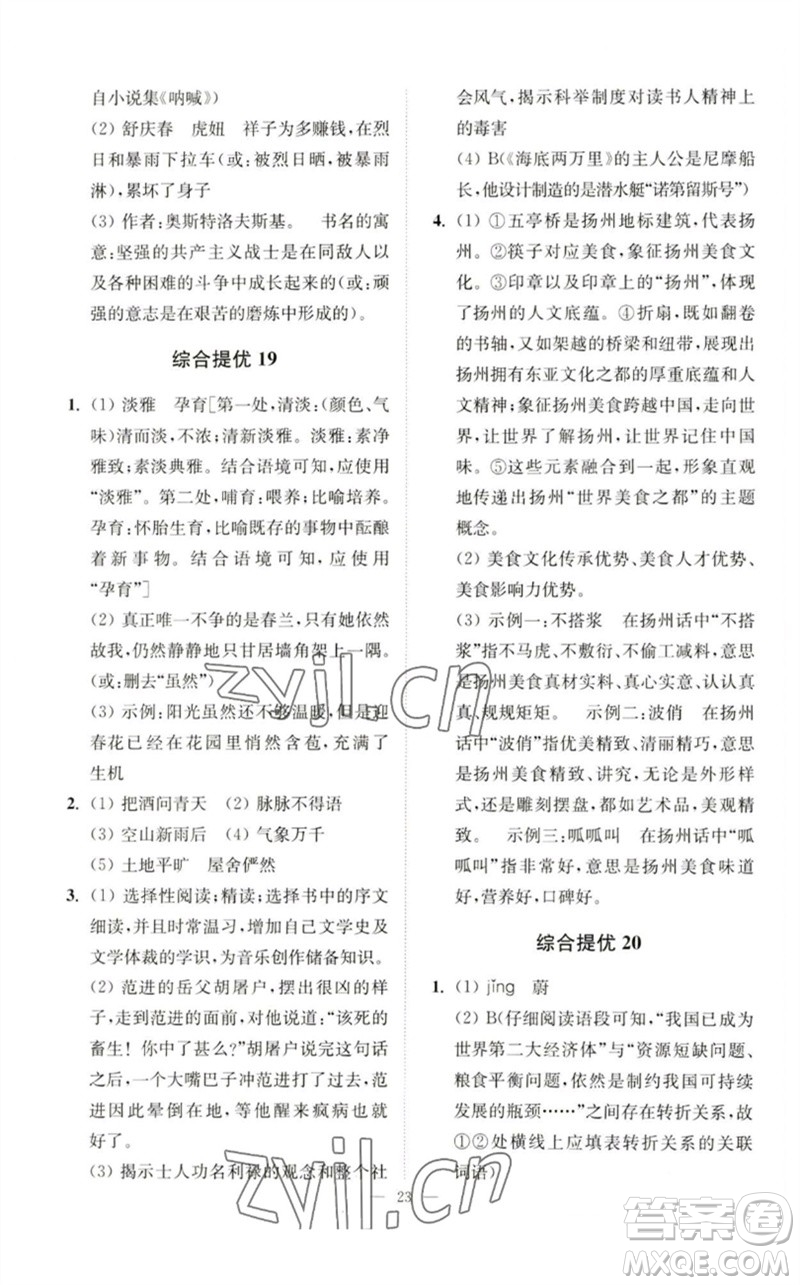 江蘇鳳凰科學(xué)技術(shù)出版社2023中考語(yǔ)文小題狂做九年級(jí)人教版提優(yōu)版參考答案