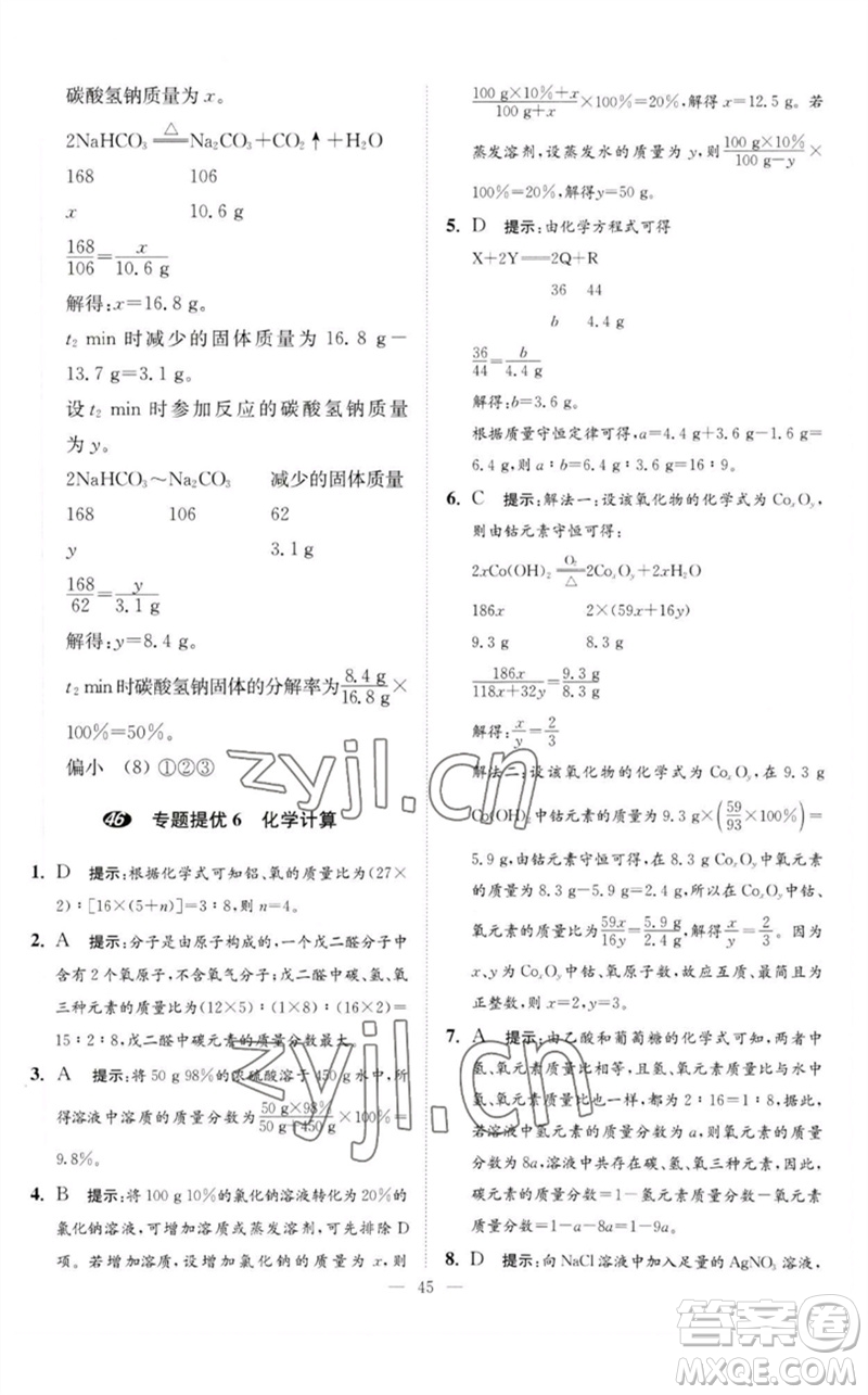 江蘇鳳凰科學(xué)技術(shù)出版社2023中考化學(xué)小題狂做九年級(jí)人教版提優(yōu)版參考答案