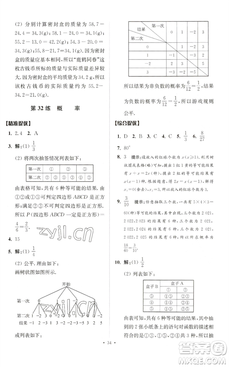 江蘇鳳凰科學技術出版社2023中考數(shù)學小題狂做九年級人教版提優(yōu)版參考答案