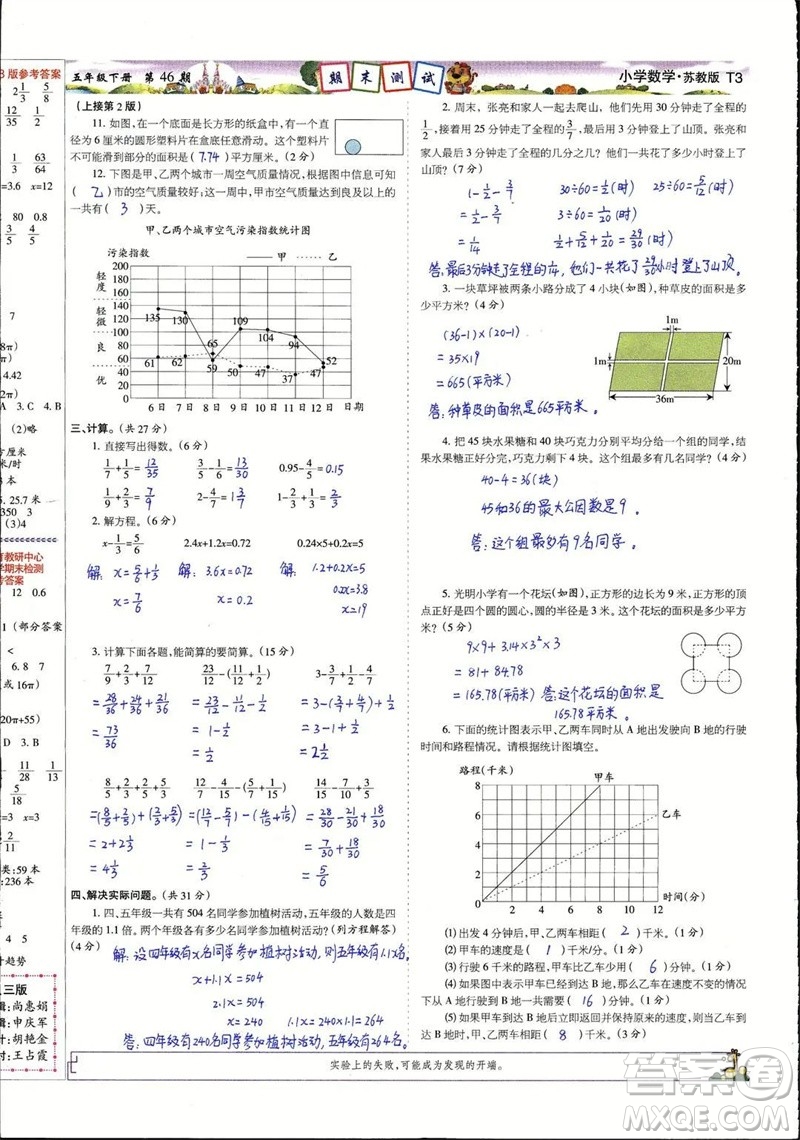2023年春少年智力開發(fā)報五年級數(shù)學下冊蘇教版第43-46期答案